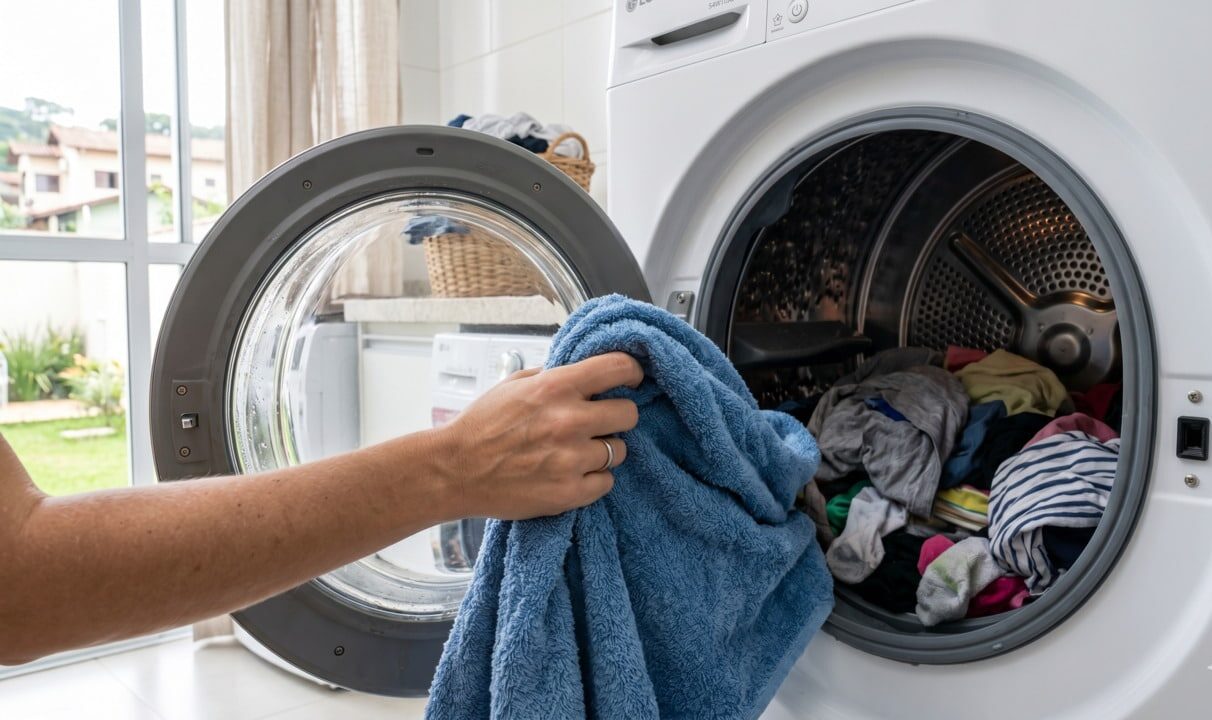 Uma toalha seca dentro da secadora faz a roupa ficar pronta bem mais rápido