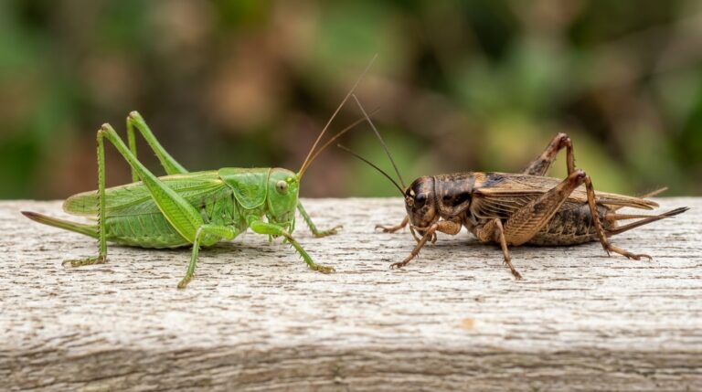 Macro fotografia de um gafanhoto verde brilhante e um grilo marrom posicionados frente a frente sobre uma superfície rústica de madeira, com fundo verde desfocado.