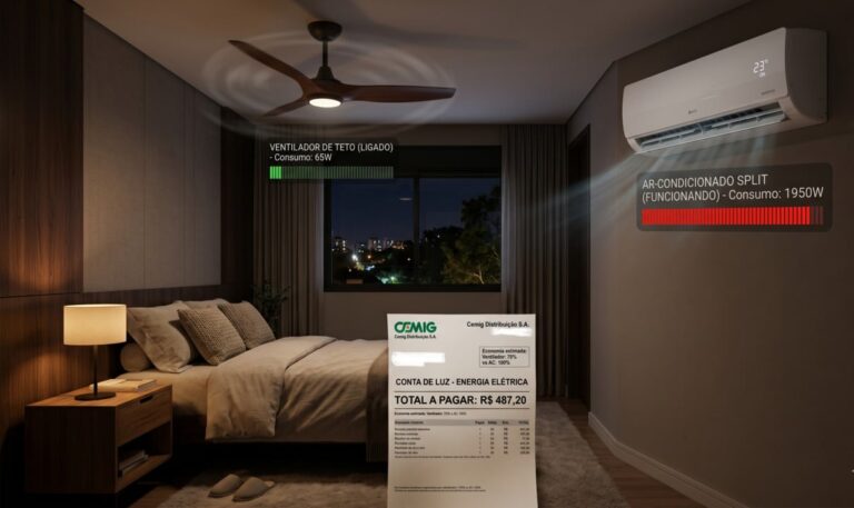 Visual de um quarto com ar condicionado e ventilador ligados influenciando na conta de luz