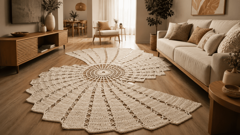 Tapete de crochê espiral moderno em tom cru natural decorando sala contemporânea sofisticada com móveis claros, madeira natural e iluminação aconchegante
