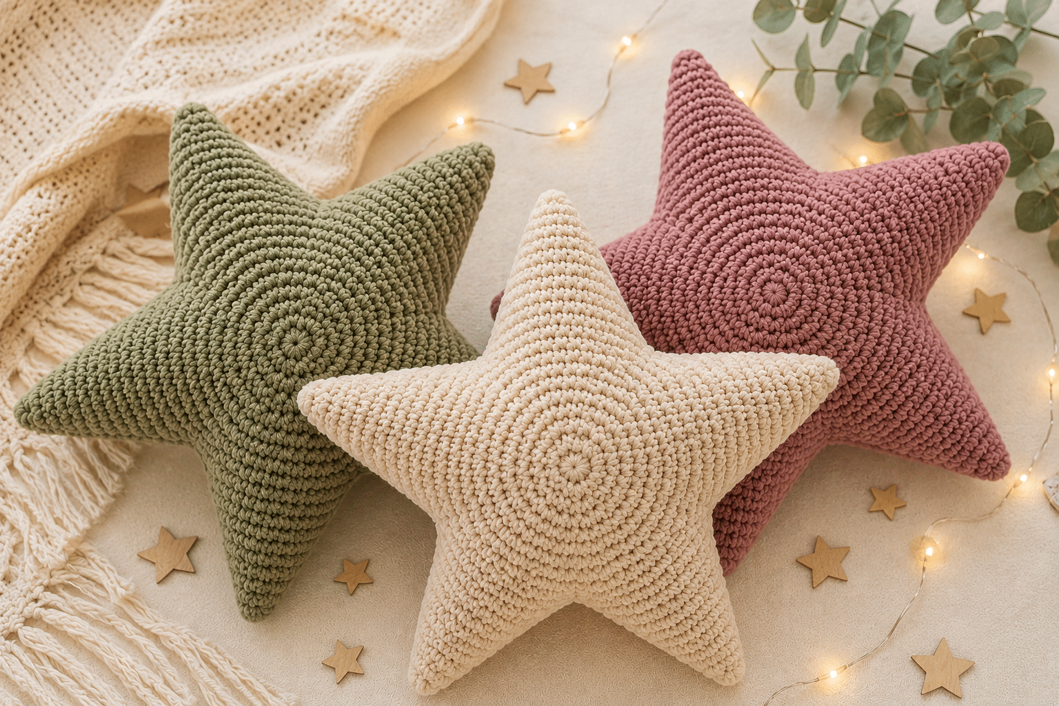 Almofadas de Crochê em Forma de Estrela Ganham Espaço na Decoração e Encantam com Seu Visual Único e Aconchegante