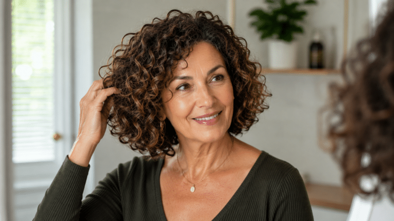Mulher de 55 anos com cabelo cacheado fino observando o reflexo no espelho após adotar um corte que trouxe mais volume, movimento e definição aos fios.