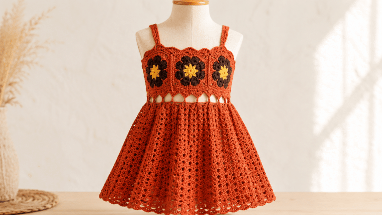 Vestido de crochê infantil confeccionado com flores granny. Neste artigo você encontra mais 49 inspirações com gráficos, receitas e dicas.