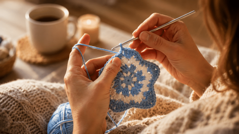 Mãos femininas fazendo crochê com uma agulha metálica e um square em tons de azul claro e branco. A cena é iluminada por luz natural suave, com foco nos pontos do crochê e fundo desfocado, transmitindo sensação de calma, concentração e bem-estar.