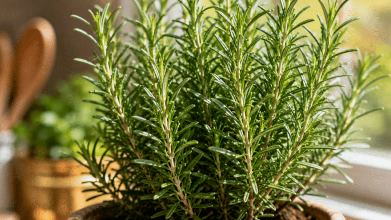 Close-up de alecrim verde em vaso dentro da cozinha, com ramos frescos e folhas finas iluminadas pela luz natural da janela.