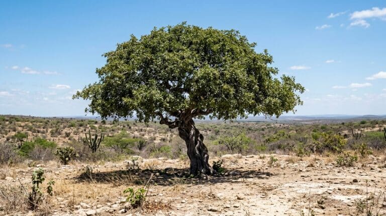 Árvore de umbuzeiro solitária com tronco grosso, escuro e profundamente retorcido, exibindo uma copa verde e arredondada. Ela está situada em uma paisagem árida e pedregosa típica da Caatinga, com cactos espalhados ao fundo sob um céu azul claro.