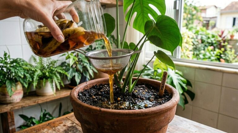 Mão segurando uma jarra de vidro e despejando um líquido âmbar escuro através de uma peneira de metal, caindo diretamente na terra de um vaso com uma planta Costela-de-Adão. Pedaços de casca de banana cozida ficam retidos na peneira.