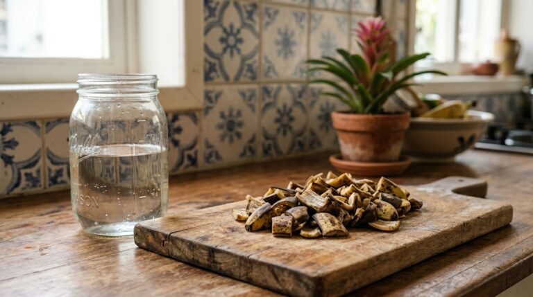 Tábua de corte rústica de madeira sobre uma bancada de cozinha, contendo uma pilha de cascas de banana picadas em pequenos quadrados. Ao lado esquerdo, um pote de vidro grande estilo "mason jar" preenchido com água transparente.