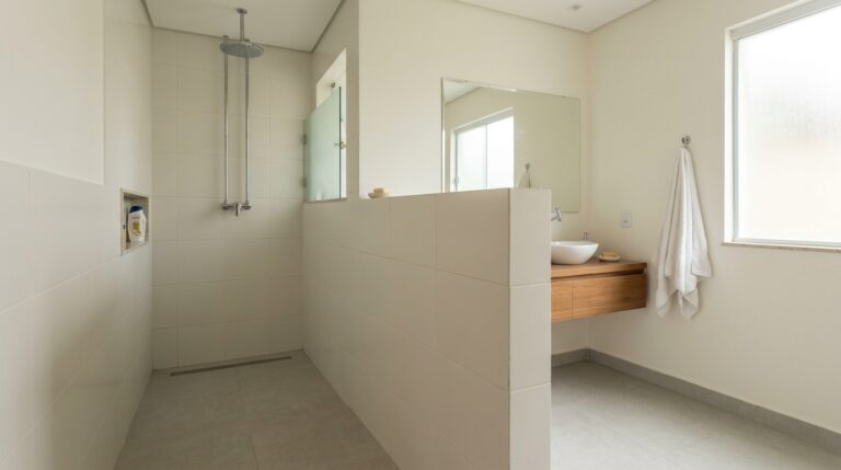 Banheiro minimalista claro com revestimento branco quadrado, ducha metálica de teto em área de banho delimitada por uma mureta e bancada de madeira à direita.