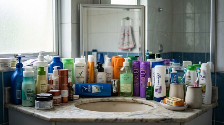 Bancada de mármore de um banheiro lotada com dezenas de frascos coloridos de cosméticos, shampoos, cremes, pastas de dente e sabonete, causando forte poluição visual.