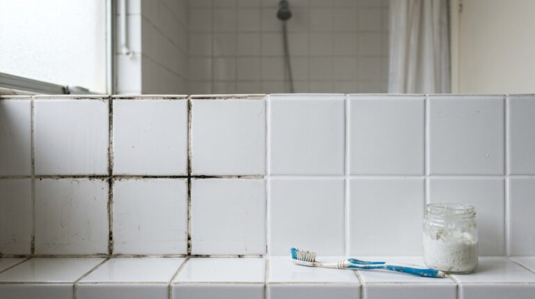 Mureta de azulejos brancos no banheiro mostrando um contraste de limpeza. À esquerda, os rejuntes estão pretos com mofo. À direita, estão completamente brancos e limpos. Uma escova de dentes azul e o pote com a pasta branca repousam sobre a borda limpa.