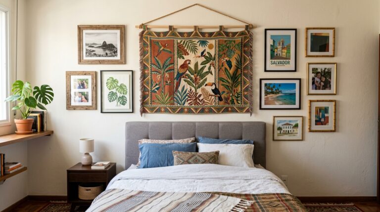 Quarto de casal com parede decorada. Ao centro, sobre a cabeceira cinza da cama, pendura-se uma grande tapeçaria com estampa tropical de araras e tucanos. Ao redor, uma composição assimétrica de quadros com fotos e pinturas. À esquerda, uma prateleira de madeira suspensa com um vaso de Costela-de-Adão.