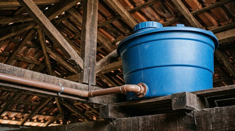 Uma grande caixa d'água cilíndrica de plástico azul instalada sobre uma base resistente feita de vigas de madeira grossa, no interior do forro de uma casa. O telhado rústico com telhas de barro expostas fica logo acima. Uma tubulação marrom de PVC conecta-se firmemente à base do reservatório.