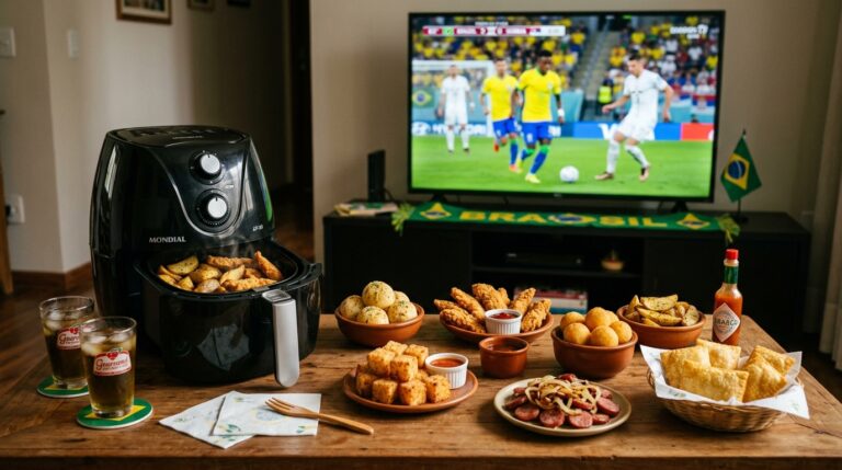 Uma mesa de centro de madeira farta com diversos petiscos brasileiros organizados em cumbucas de barro, incluindo dadinhos de tapioca, pastéis, bolinhos de queijo, iscas de frango, pão de alho e calabresa. À esquerda, uma fritadeira elétrica AirFryer preta da marca Mondial está com a gaveta aberta, cheia de comida fumegante. Ao fundo, uma TV de tela plana transmite um jogo da Seleção Brasileira de futebol.