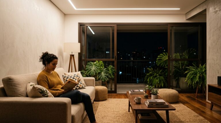 Mulher lendo um livro no sofá de uma sala de estar aconchegante à noite. O ambiente é iluminado por um perfil de LED linear no teto e uma luminária de piso com cúpula, destacando plantas próximas à varanda.