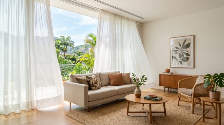 Sala de estar com decoração clara, sofá bege, poltrona de fibra natural e mesa de centro de madeira sobre tapete de juta. Grandes portas de vidro abertas mostram varanda com plantas tropicais, emolduradas por cortinas brancas esvoaçantes.