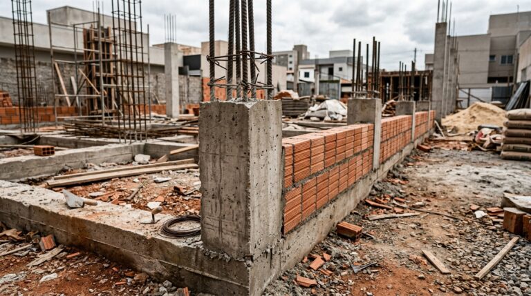 Canteiro de obras evidenciando a base estrutural de uma casa. Em primeiro plano, uma viga baldrame de concreto e pilares com ferragens expostas, onde se inicia o assentamento da primeira fiada de tijolos cerâmicos. Ao fundo, materiais de construção e construções vizinhas.
