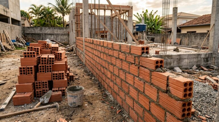 Parede de tijolos cerâmicos em pleno processo de construção. Ao longo da parede inacabada, nota-se o excesso de argamassa fresca nas juntas. No chão de terra, há uma grande pilha de tijolos, um balde plástico sujo de massa, uma colher de pedreiro e o cabo de uma enxada.