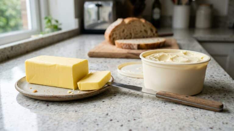 Bancada de cozinha clara de granito exibindo um tablete retangular de manteiga amarela em um prato à esquerda, e um pote redondo de margarina cremosa aberta à direita. Uma faca com cabo de madeira segura uma fatia recém-cortada de manteiga. Ao fundo, um pão rústico fatiado sobre uma tábua.