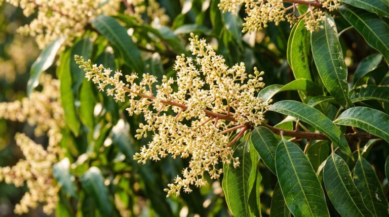 ose-up de um cacho cheio de pequenas flores amareladas de uma mangueira, cercado por folhas verdes longas sob luz natural.