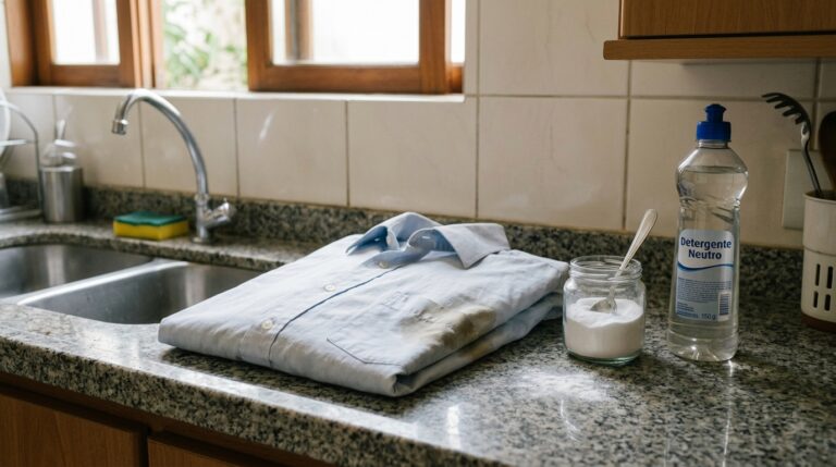 Camisa social azul clara dobrada sobre uma bancada de granito, exibindo uma mancha amarelada no bolso, ladeada por um pote de vidro com pó branco e um frasco de detergente neutro.