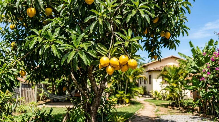 Árvore frondosa carregada de frutas-ovo (canistel) amarelas e maduras penduradas em galhos com folhas verdes. Ao fundo, um quintal ensolarado com um caminho de terra, rede de descanso e uma casa rústica.