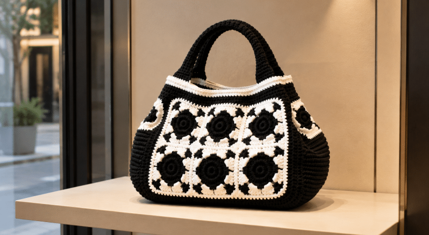 Bolsa de Crochê Preto e Branco: Elegância Artesanal com Contraste Moderno