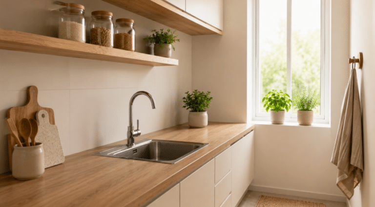 Cozinha pequena e organizada com bancada de madeira livre, prateleira com potes de vidro, vasos de plantas perto da janela e poucos utensílios à vista.