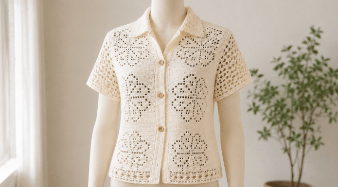 O gráfico da camisa de crochê branca está ganhando destaque com desenho floral vazado