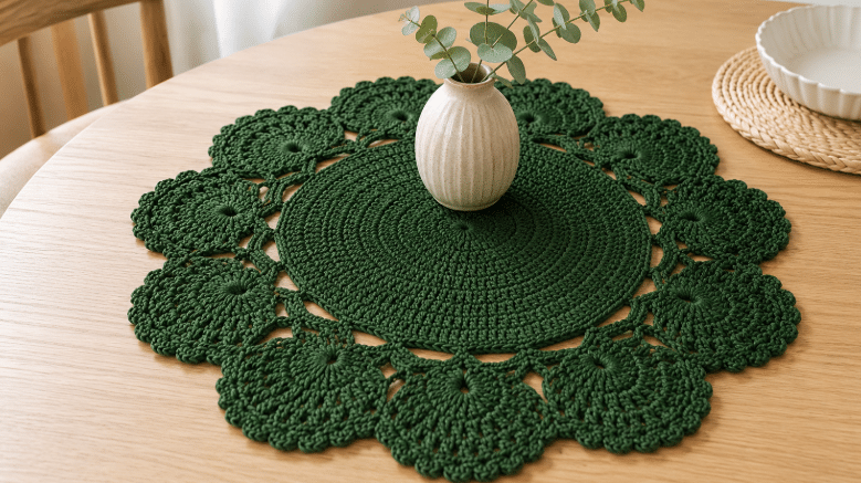 Os gráficos de toalha de centro de mesa e trilho de crochê que deixam a decoração mais charmosa e acolhedora