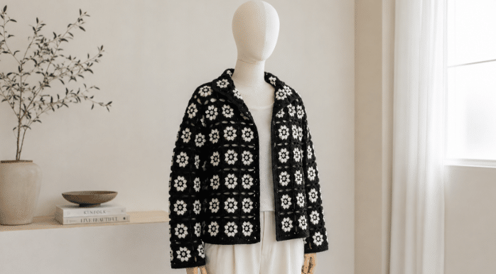 Cardigan de crochê unissex aposta em contraste, conforto, estilo artesanal e ainda tem gráficos práticos para criar a sua peça