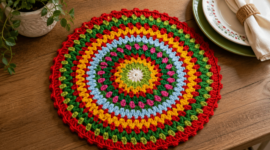 Sousplat colorido em crochê com gráficos: charme artesanal para deixar a mesa mais criativa