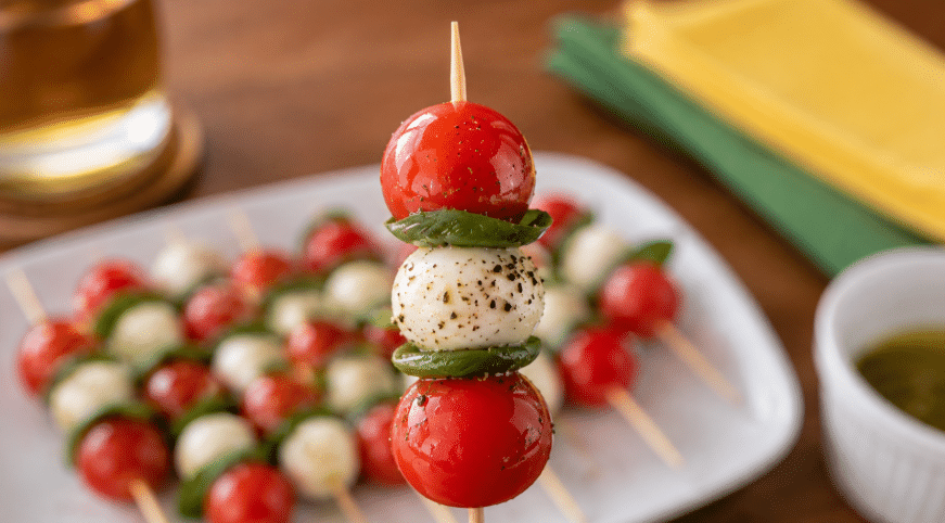 Espetinhos caprese: petisco leve, elegante e prático para assistir ao jogo do Brasil na Copa