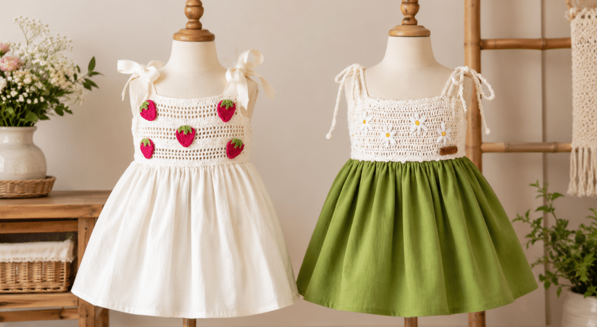 Vestido infantil de tecido com crochê: Diversos gráficos para trazer charme artesanal para looks delicados