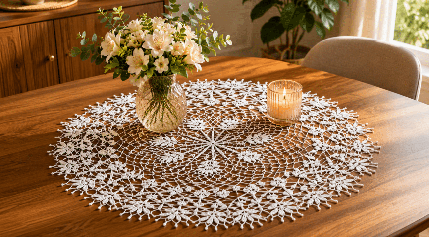 Inspirações de gráficos com centro de mesa em crochê para uma casa mais bonita