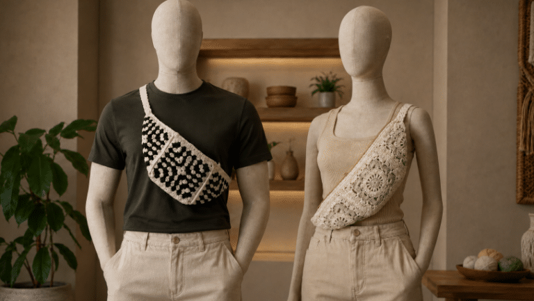 Dois manequins em destaque em um ambiente interno aconchegante, cada um usando uma pochete de crochê na transversal: à esquerda, um modelo preto e branco em manequim masculino com camiseta escura; à direita, um modelo cru com detalhes verdes em manequim feminino com regata bege.