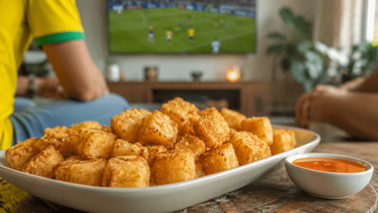 Dadinhos de tapioca dourados servidos com molho agridoce em mesa de madeira, com TV desfocada exibindo jogo do Brasil ao fundo.