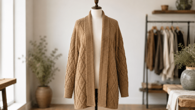 Os gráficos do Cardigan artesanal em tom terroso mostra como que o crochê pode ser elegante e atemporal