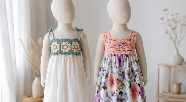 São variados gráficos e modelso de vestidos infantis com crochê e tecido que unem a delicadeza, conforto e encanto artesanal