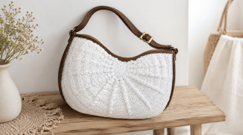 Gráfico de bolsa de crochê feita à mão valoriza o estilo artesanal no dia a dia