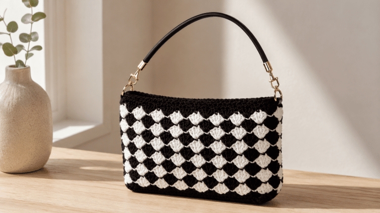 Bolsa Contraste em crochê com gráfico e receita: o clássico preto e branco em uma peça moderna e marcante