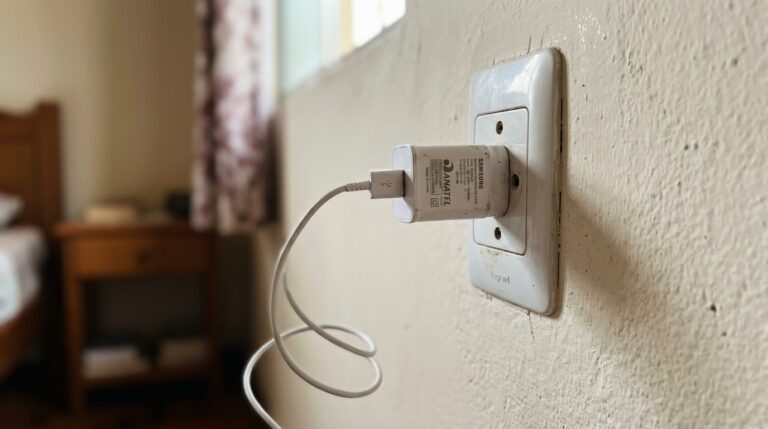 Carregador de celular branco conectado a uma tomada de parede em um quarto, com o cabo USB pendurado solto e móveis de madeira levemente desfocados ao fundo.
