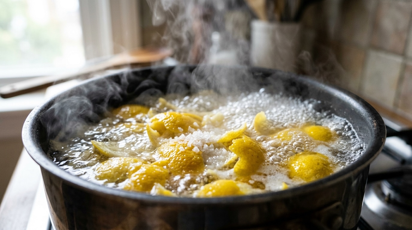 Ferver casca de limão com sal e jogar no ralo da cozinha pra acabar com o cheiro de gordura