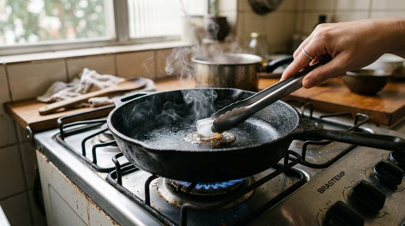 Passar um cubo de gelo na frigideira quente: para que serve e por que é recomendado antes de grelhar legumes em casa