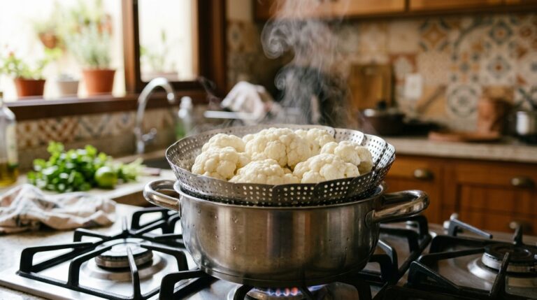 Panela de alumínio em um fogão a gás com água fervente borbulhante e buquês de couve-flor submersos. Uma colher de pau está apoiada dentro da panela, enquanto o vapor quente sobe no ambiente da cozinha.