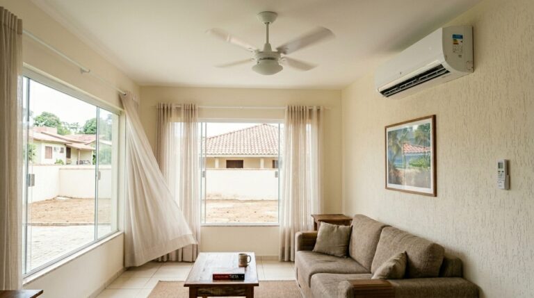 Imagem dividida diagonalmente mostrando um ventilador de teto branco moderno à esquerda e um ar-condicionado split marcando 23°C à direita, ambos em quartos claros.