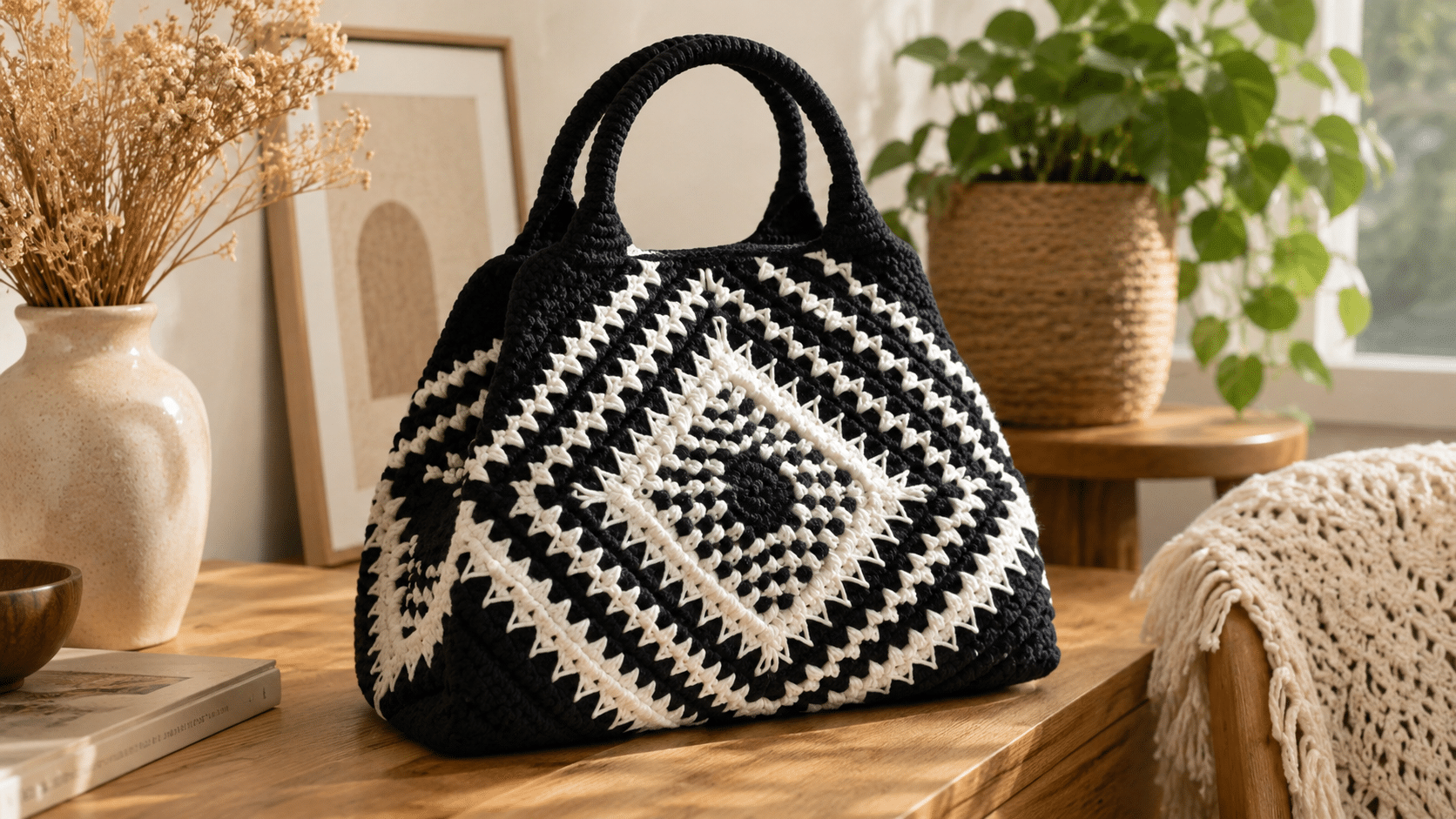 Bolsas de crochê preto e branco criam impacto com contraste artesanal