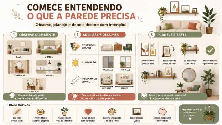 Infográfico mostra como observar o ambiente, analisar cores e iluminação e decorar a parede aos poucos, criando uma composição bonita, econômica e cheia de personalidade.