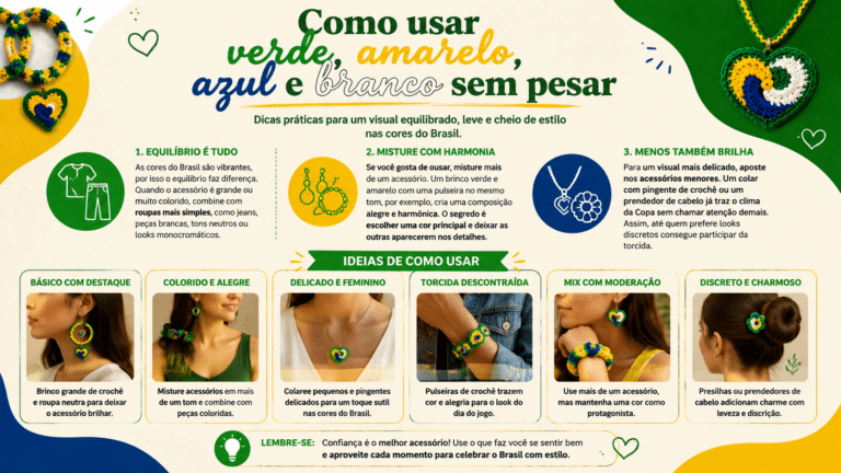 Infográfico com dicas para usar acessórios de crochê nas cores do Brasil de forma equilibrada, combinando verde, amarelo, azul e branco com looks leves, discretos e cheios de estilo.