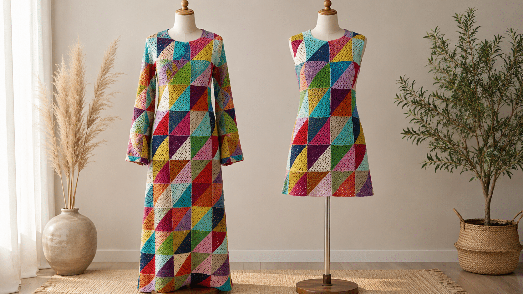 Vestido de crochê colorido transforma squares em uma peça cheia de personalidade